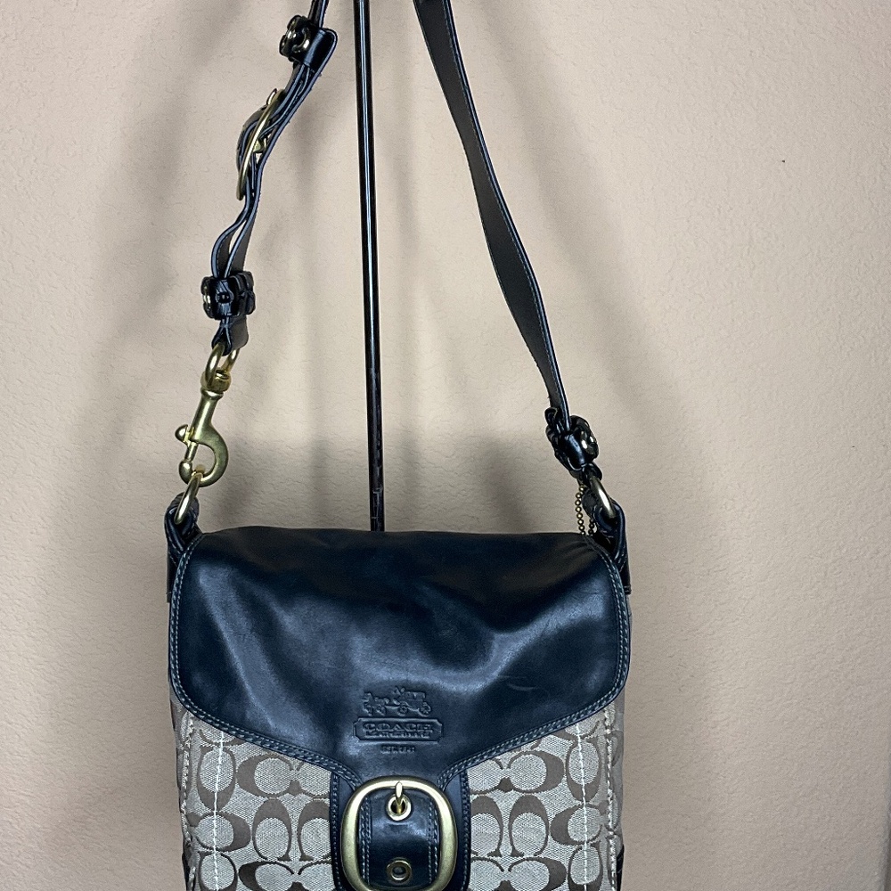 Coach Signature Buckle Flap Shoulder Bag Style 11434 Black Leather Trim